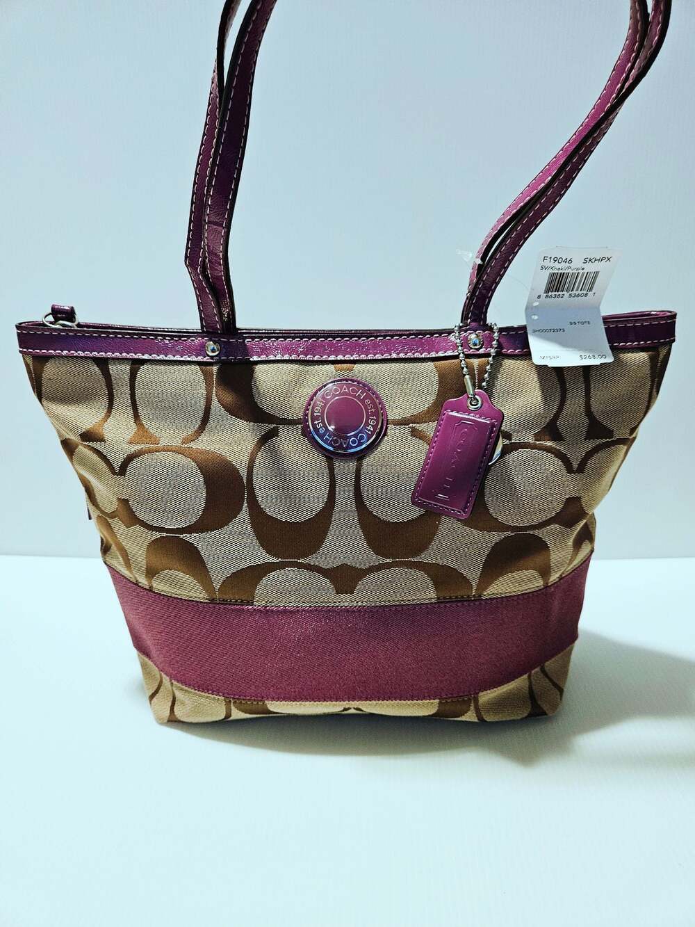 Coach Signature Stripe SIS Tote Khaki and Purple F19046